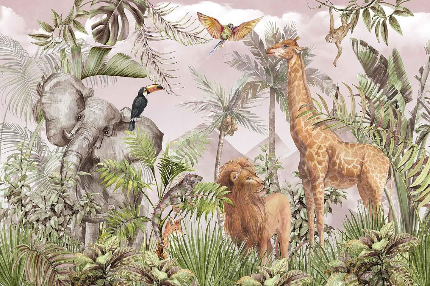 Watercolor Paintings Tropical Jungle Animals Safari Elephants Giraffes Lions Parrots Palm Leaves Hand-Painted Art Wallpaper Suitable for Children's Room Decoration Mural（Not Peel and Stick）