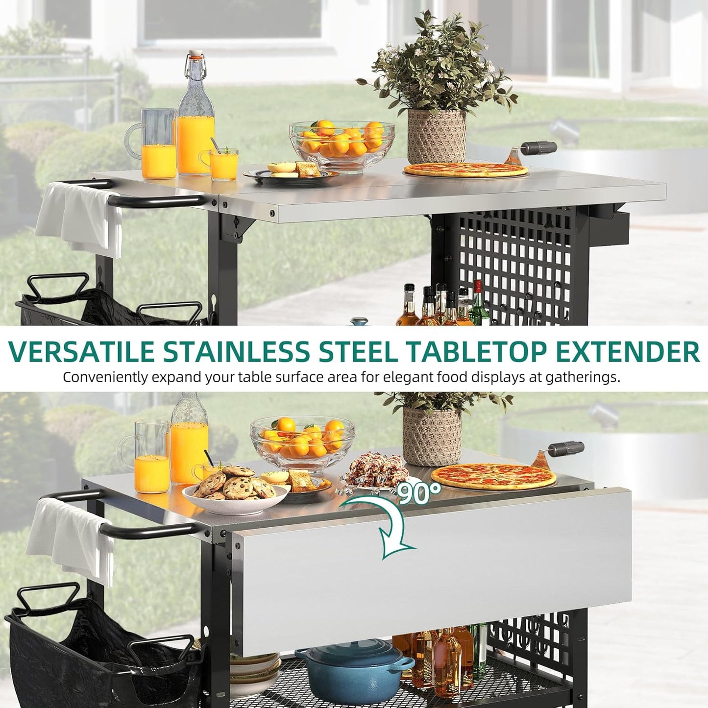 YITAHOME Outdoor Grill Cart Pizza Oven Table with Stainless Steel Top and Drop Leaf, Outdoor Grill Table with Adjustable Three-Tier Shelf and Spice Rack, Movable Bar Table for Patio, Garden, BBQ