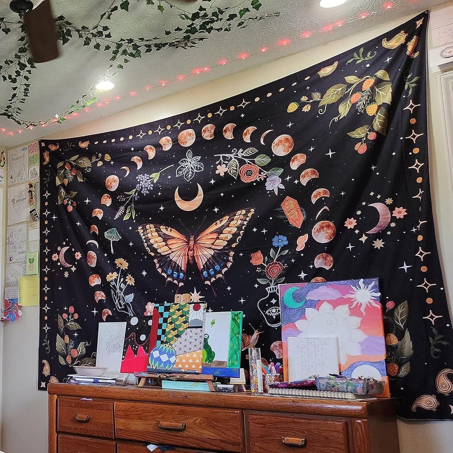 Aipon Yellow Butterfly Moon Flower Tapestry Botanical Floral Plant Boho Tapestry for Bedroom Aesthetic Vintage Tapestries Wall Hanging for Living Room Dorm (60.00'' × 80.00'', Yellow)