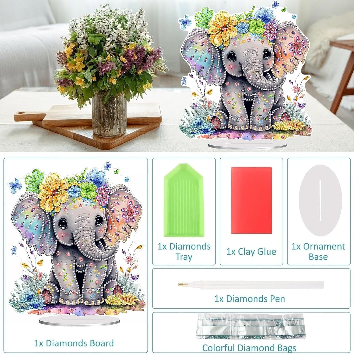 Diamond Painting Kits for Adults Beginners, 5D Full Drill Elephant Crystal Art Desktop Ornament, DIY Single Sided Home Office Desk Decor, Creative Craft Gift Set with Tools