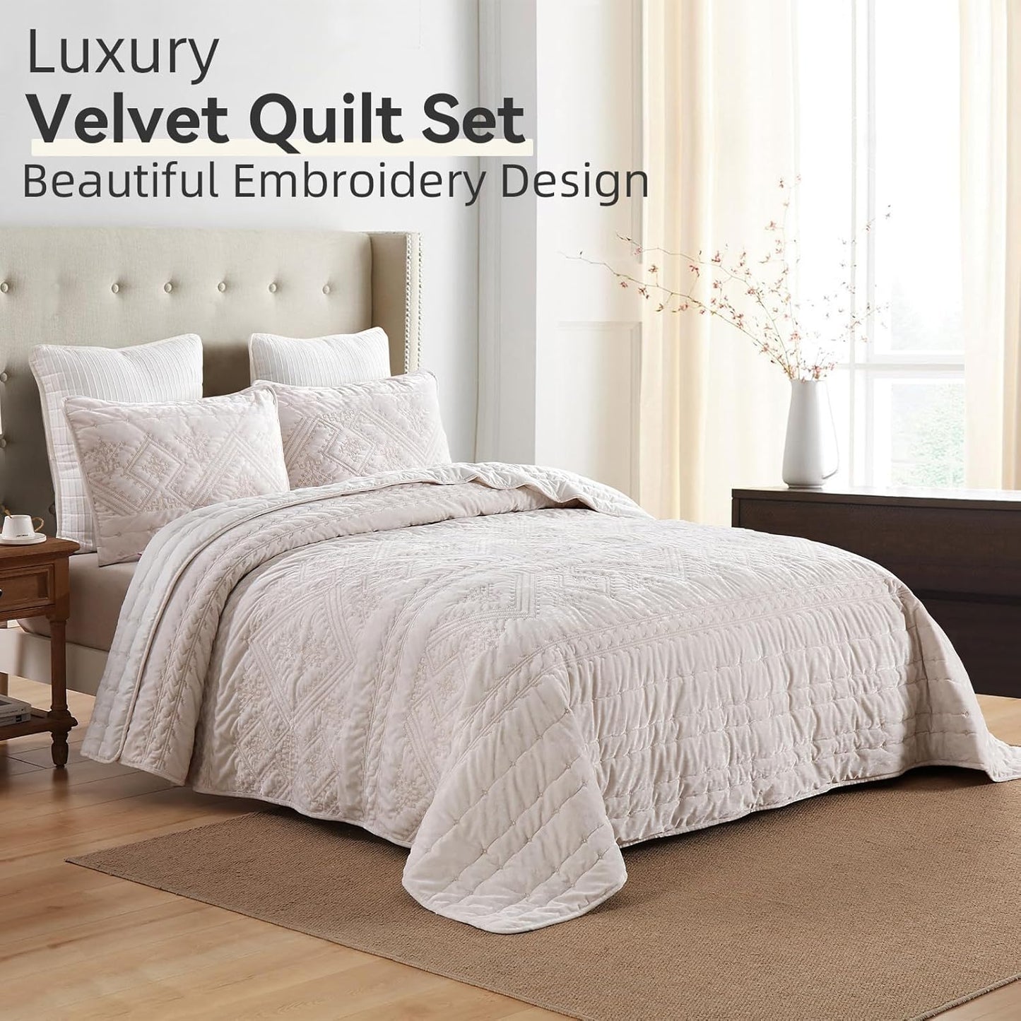 Yvooxny 3-Piece Quilt Set Queen Size Velvet Embroidery Quilted Bedspread Coverlet Set Bedding Set with Pillowcases for All Seasons, White, 98 * 90 Inches