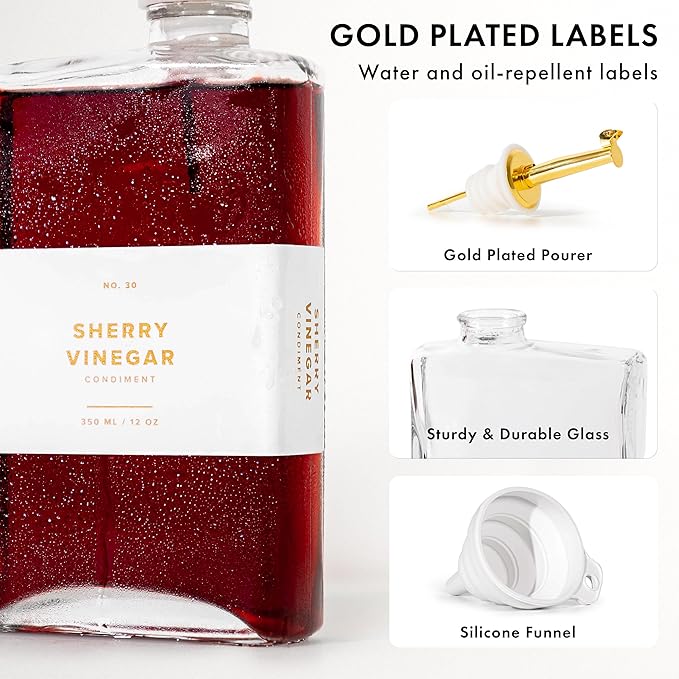 Glass Olive Oil Dispenser Bottle Set [2x17oz]: 36 Premium Gold Labels, Oil Dispenser for kitchen, Vinegar Bottle Set, Glass Dispensers for Soy Sauce, Syrup Bottles | Set of 2