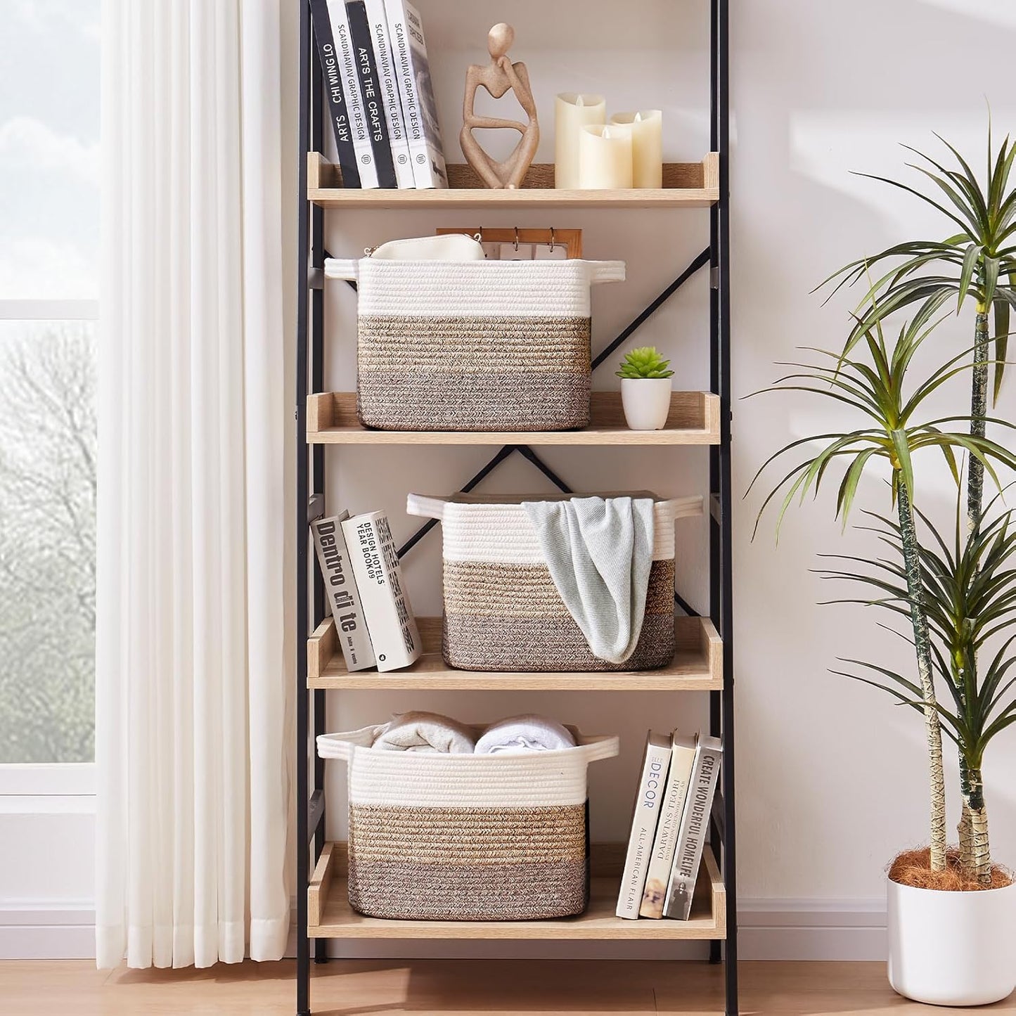 OIAHOMY Storage Basket, Woven Baskets for Storage, Cotton Rope Basket for toys,Towel Baskets for Bathroom - Pack of 3, Gradient Dark Brown