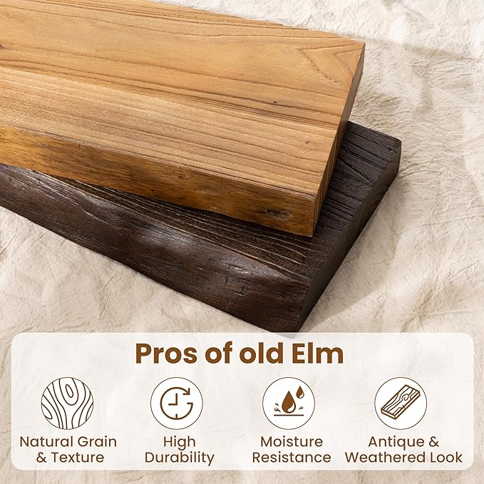 55" Floating Shelves, Live Edge Elm Wood Floating Shelf for Wall, Wall-Mounted Display Shelves with Invisible Heavy-Duty Bracket, Long Floating Shelf for Bathroom, Kitchen, Living Room, Natural Color