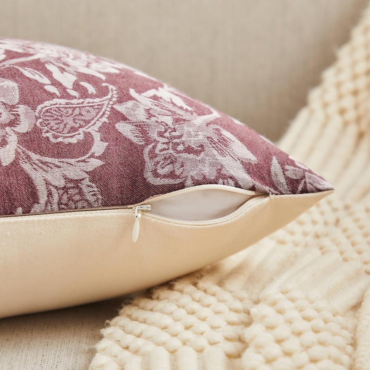 Floral Jacquard Throw Pillow Covers Set of 2, Background/Burgundy 18x18 Inch, Farmhouse Decorative Cotton Burgundy Cushion Covers for Sofa Bed Living Room Home Decor