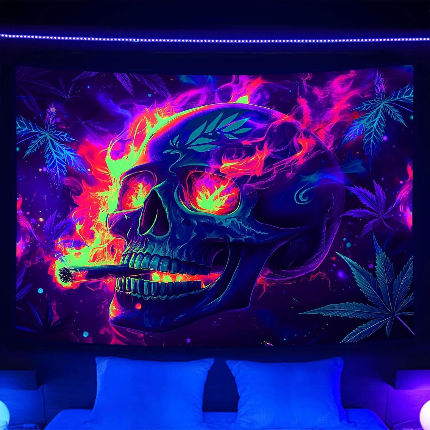 Blacklight Skeleton Tapestry, Glowing Skull UV Reactive Gothic Wall Hanging Tapestries, Glow in the Dark Grim Reaper Magic Horror Face Halloween Poster Tapestry for Bedroom Living Room Decor 80X60IN