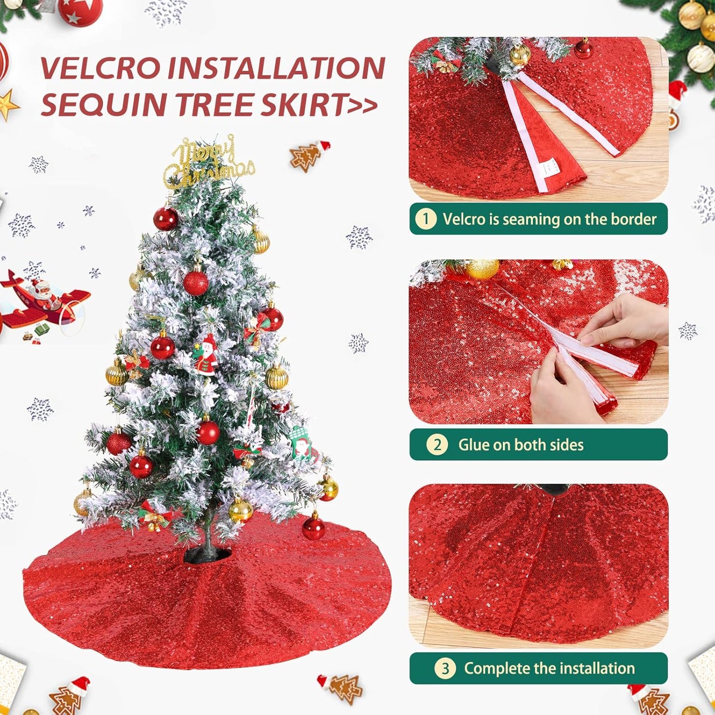 Christmas Tree Skirt 48 Inches Red Tree Skirt Glitter Sequin Tree Skirt for Winter Party Red Christmas Decorations