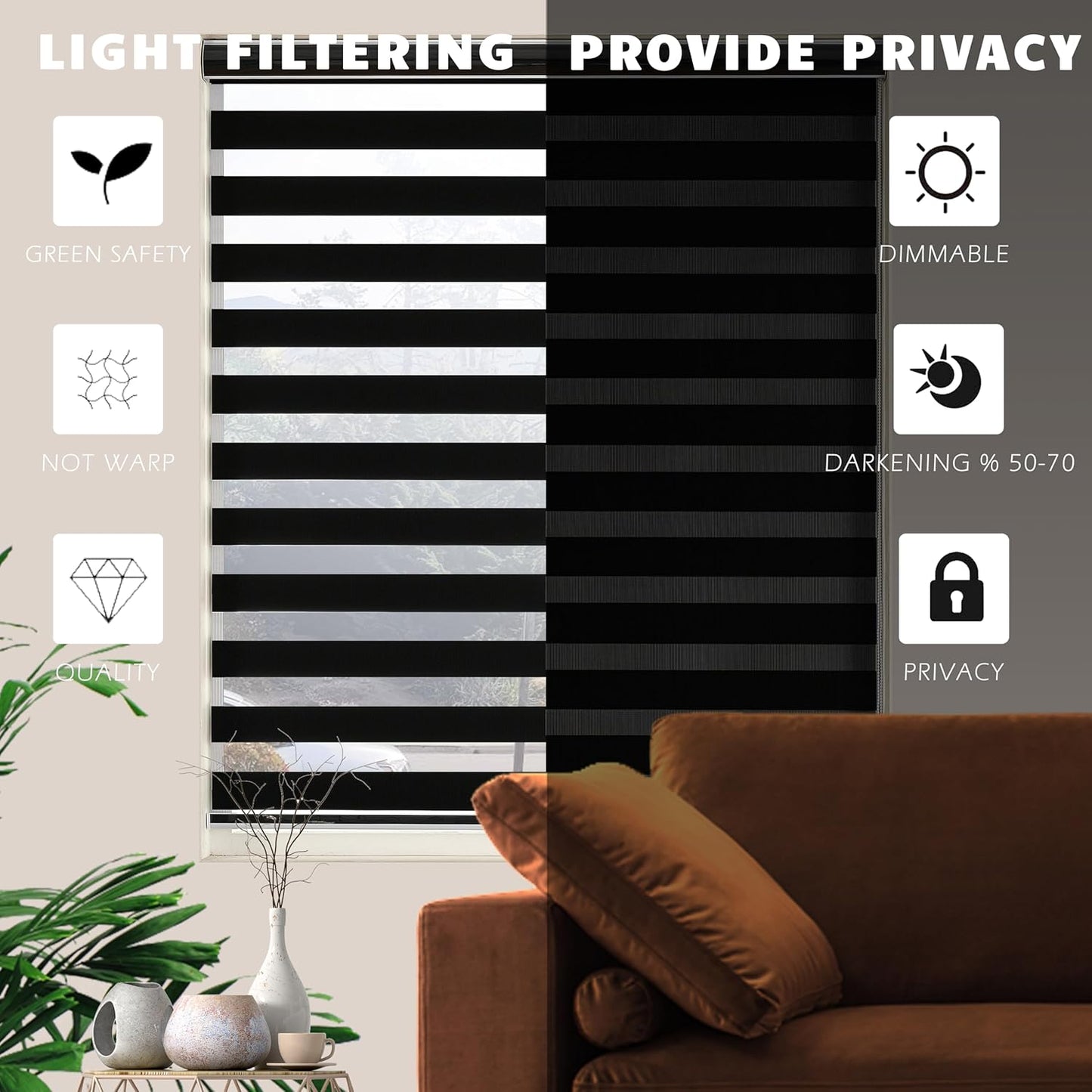 Blackout Zebra Blinds, Dual Layer Free-Stop, Room Darkening Zebra Shades, Blinds for Indoor Windows, Light Filtering Privacy Sheer Shade for Home(72" W X 72" H, Black)