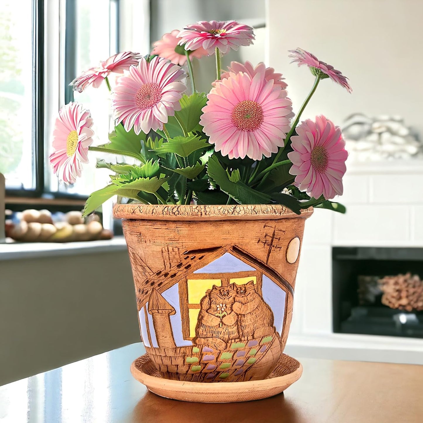 Ceramic Pot with Drainage Hole and Saucer, Plant Pots, Modern Decorative Planters for House Plants Indoor Flowers Plants, Cute Flower Pot - Gifts (Cats (3 L))