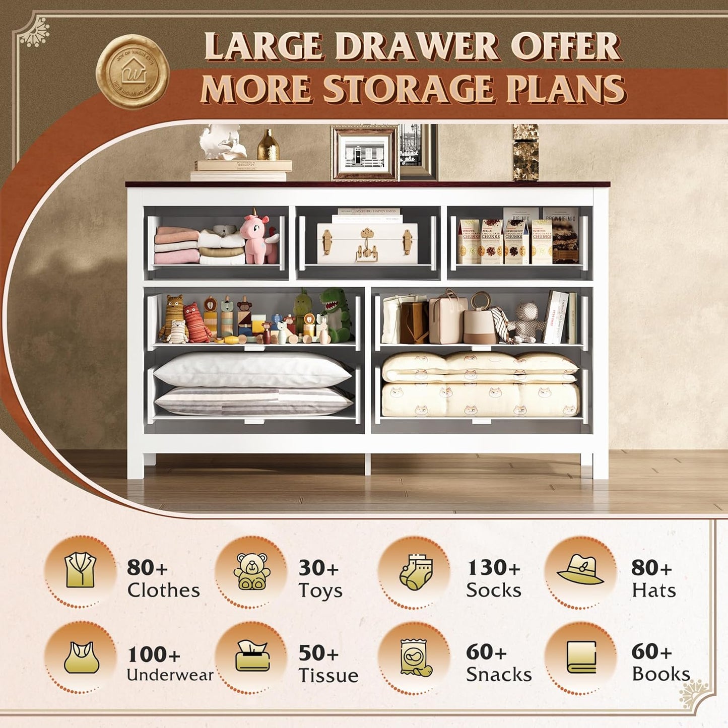 WLIVE Farmhouse Dresser for Bedroom, 51.18'' Wide 7 Drawer Wood Dresser, White TV Stand for 65 inch TV, Wooden Chest of Drawers for Bedroom, Modern Clothes Organizer for Living Room, Hallway