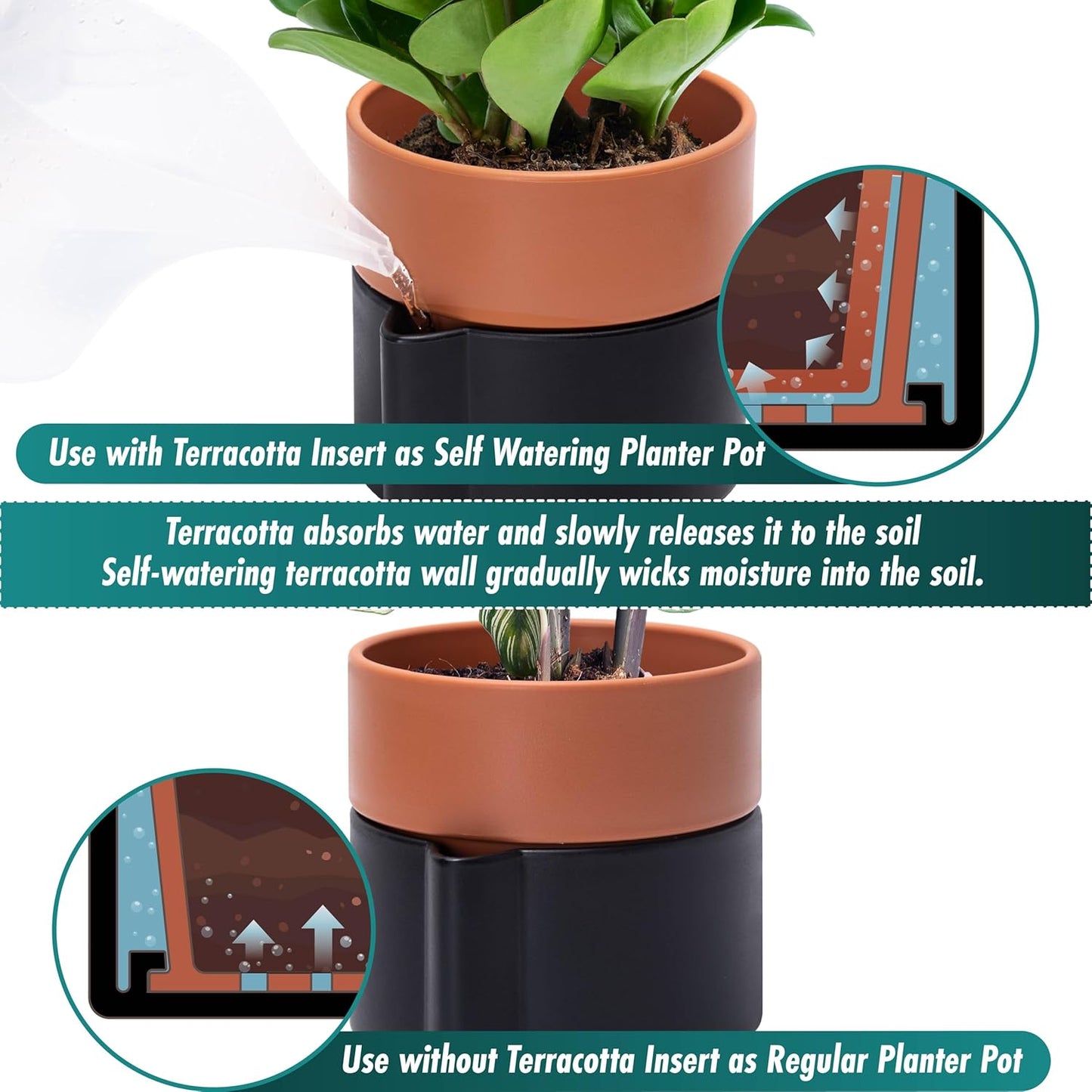 6.5 Inch Self-Watering Planter Pot with Terracotta Insert, Deep Water Reservoir, and Ceramic-Alike BPA-Free Plastic Pot for Plant, Modern Planter for Houseplants, Black/Terracotta, 53-B-S-5