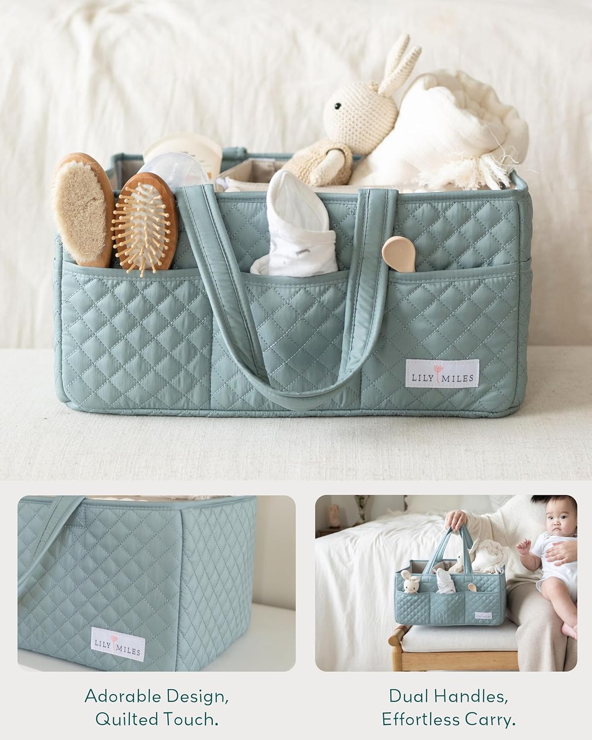 Lily Miles Baby Diaper Caddy Organizer, Quilted Nursery Storage Basket for Newborn Essentials and Diaper Changing Station, Gift for Baby Shower and Registry Must-Have (Willow Green)
