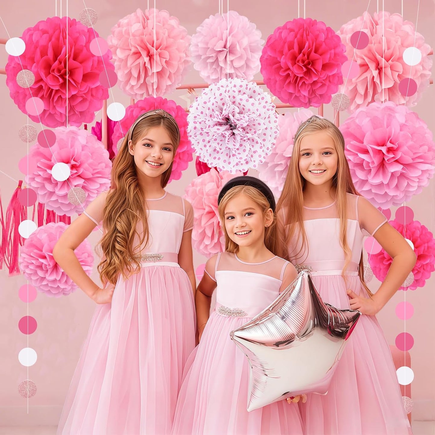 Pink Party Decorations,16 PCS Tissue Paper Pom Poms Dots Paper Garland Hanging Decoration for Pink Theme Birthday Decorations Bridal Shower Wedding Engagement Gender Reveal Celebration