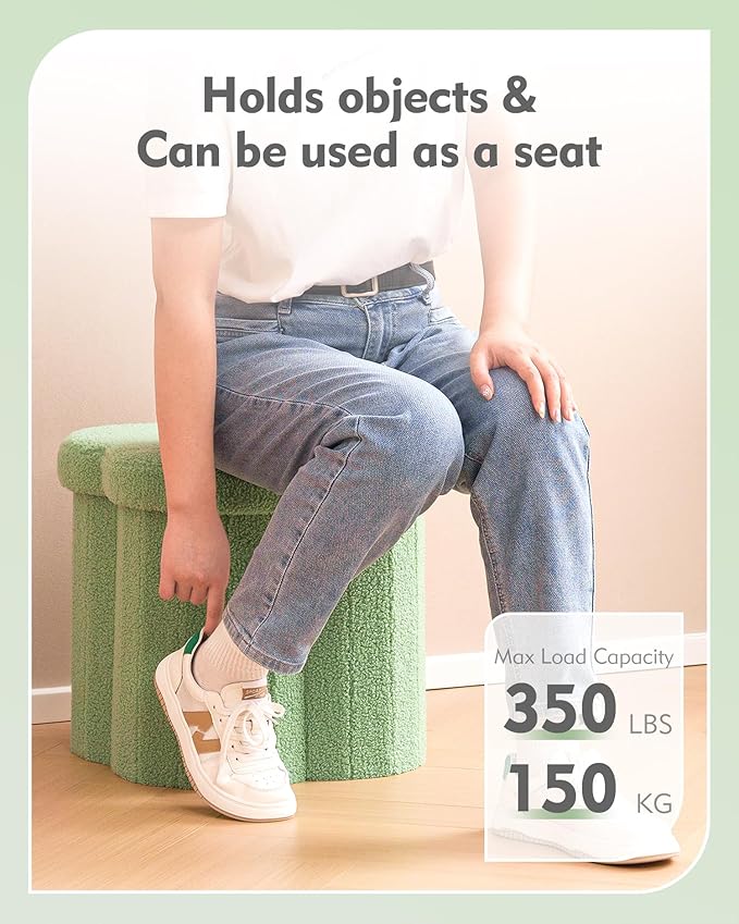 B FSOBEIIALEO Storage Ottoman Cube, Flowers Shaped Ottomans with Storage Foot Stool Footrest, Boucle Ottoman Seat for Dorm Room, Faux Teddy Fur, Green 15"x15"x15"