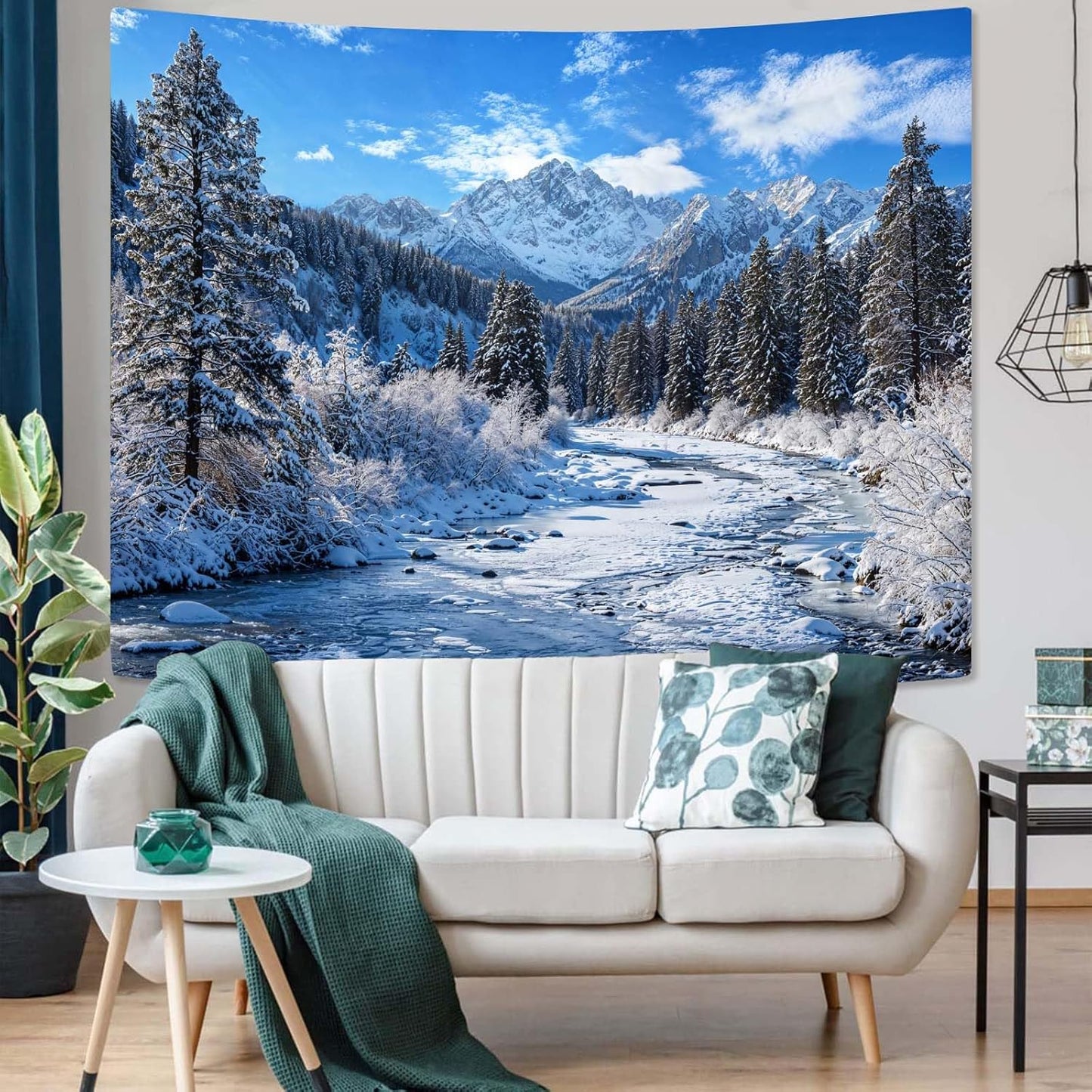AMM Winter Forest Snow Mountain Tapestry Snowy Pine Tree Woodland Tapestry for Bedroom Aesthetic White Clouds Flowing River Landscape Tapestries Wall Hanging for Living Room Dorm Office 48 x 36 Inch