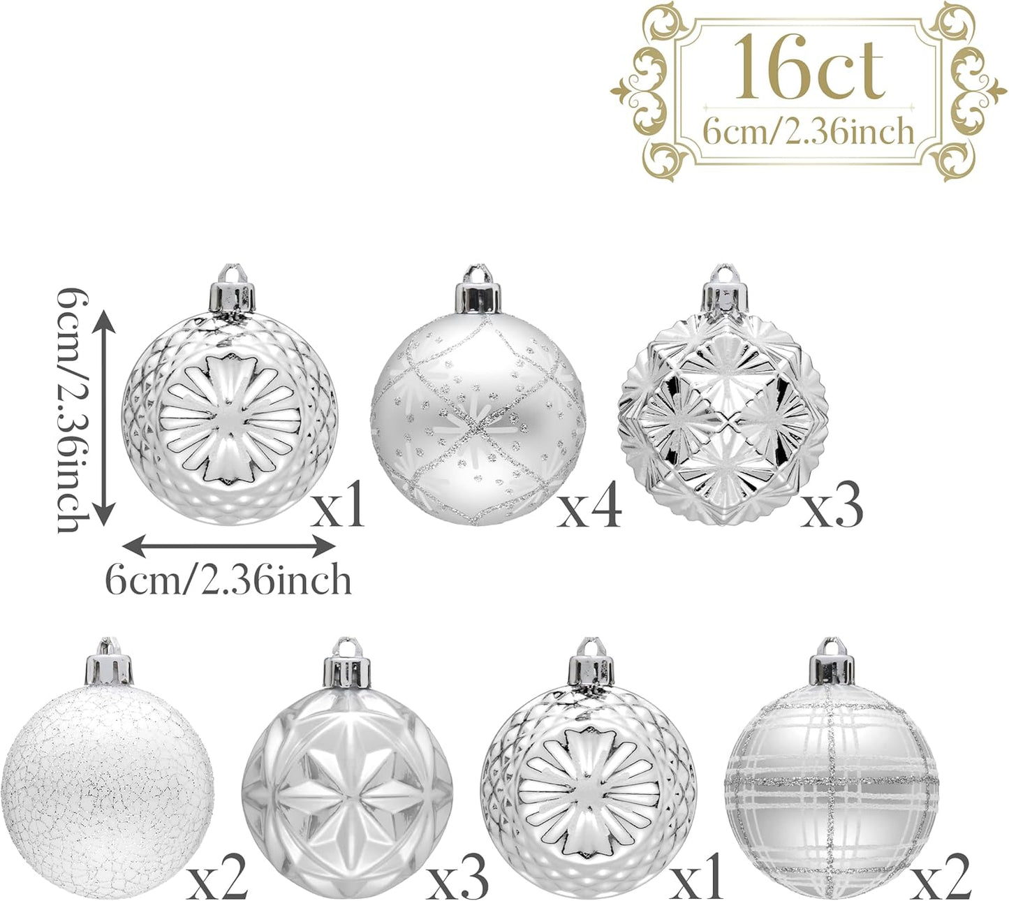 Valery Madelyn Ornaments for Christmas Trees, 16ct 2.36 Inches White and Silver Shatterproof Christmas Tree Decorations, Luxury Hanging Ball Ornaments for Xmas Holiday Party Decor