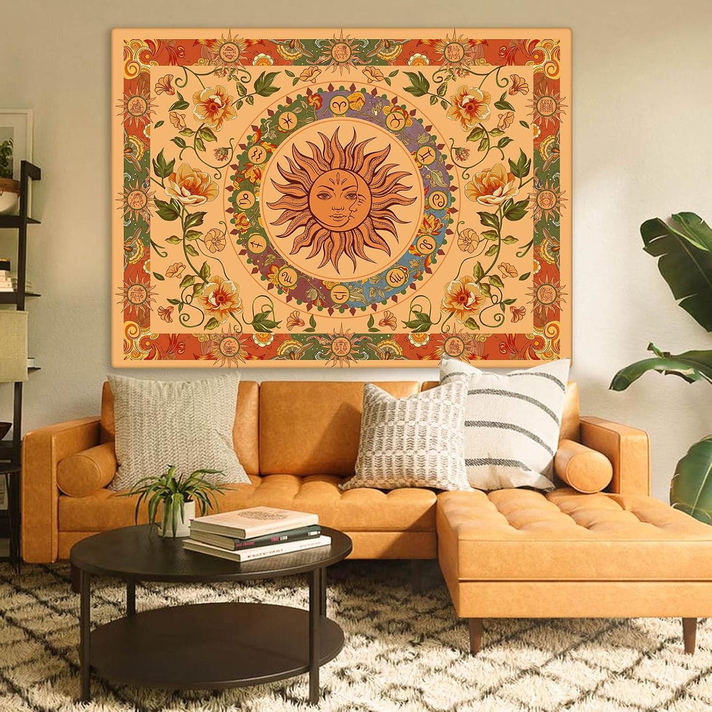 Aipon Yellow Sun and Moon Tapestry Hippie Indie Tapestries Boho Orange Flower Floral Tapestry Wall Hanging Cool Vintage Aesthetic Wall Tapestry for Bedroom Living Room Dorm (80'' × 60'', Orange)