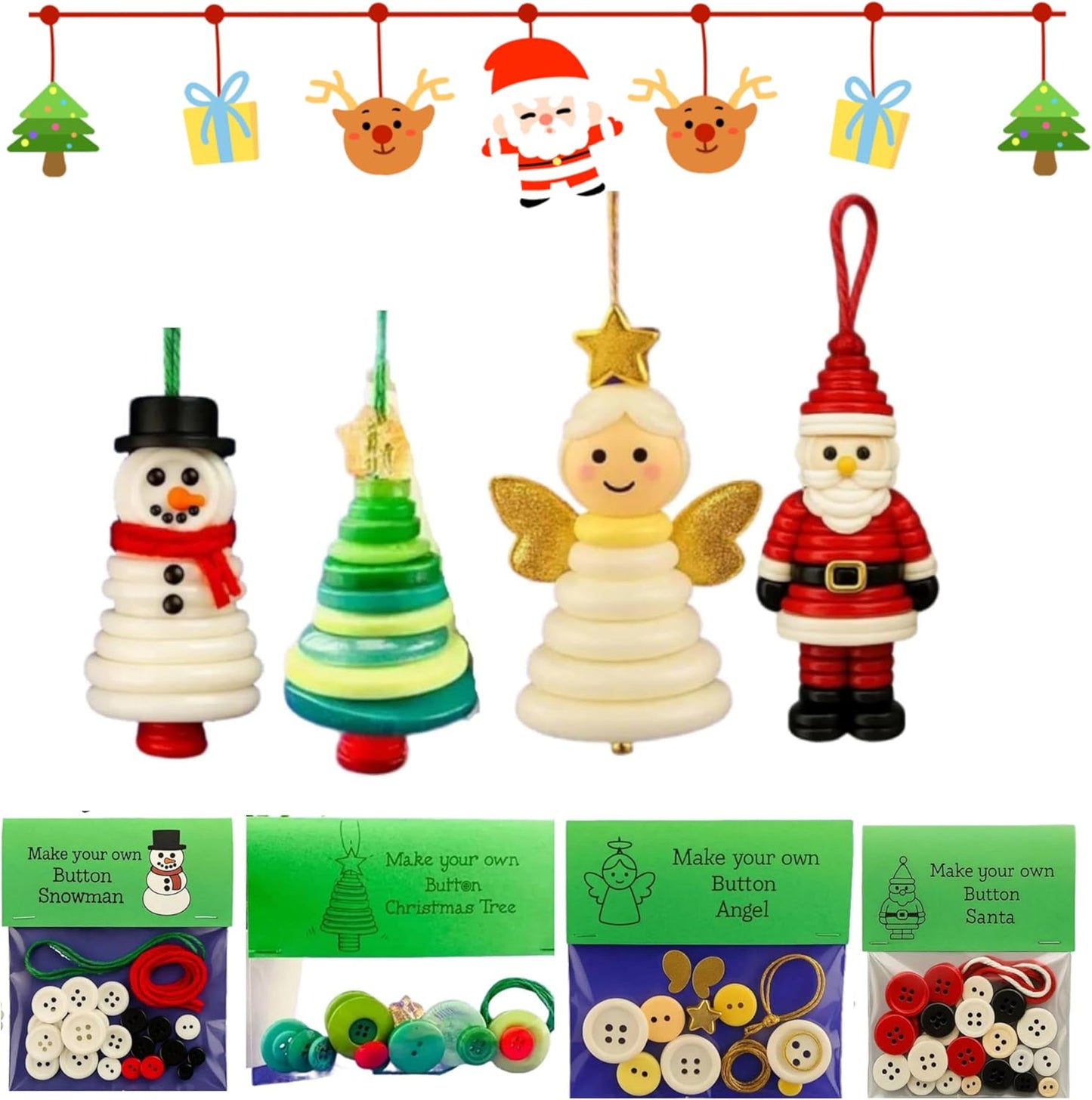 DIY Christmas Button Ornament Making Set–Fun Holiday Handmade Decorations for All Ages,DIY Craft Buttons Kit with Christmas Snowman/Santa/Angel,Xmas Tree Hanging Decorations (#B)