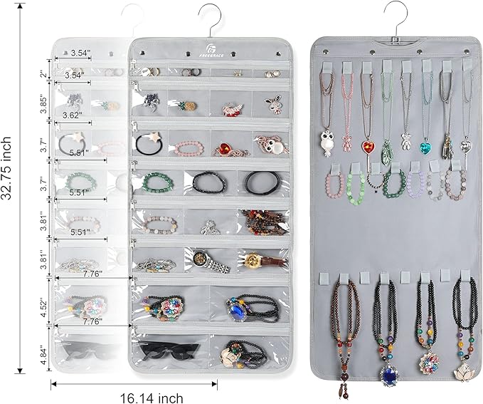 Freegrace Hanging Jewelry Organizer Revolving Hanger - Secure Zipper Closure - 25 Pockets,23 Hooks - Foldable Storage & Display Solution - For All Jewelry & Bijoux (Gray)