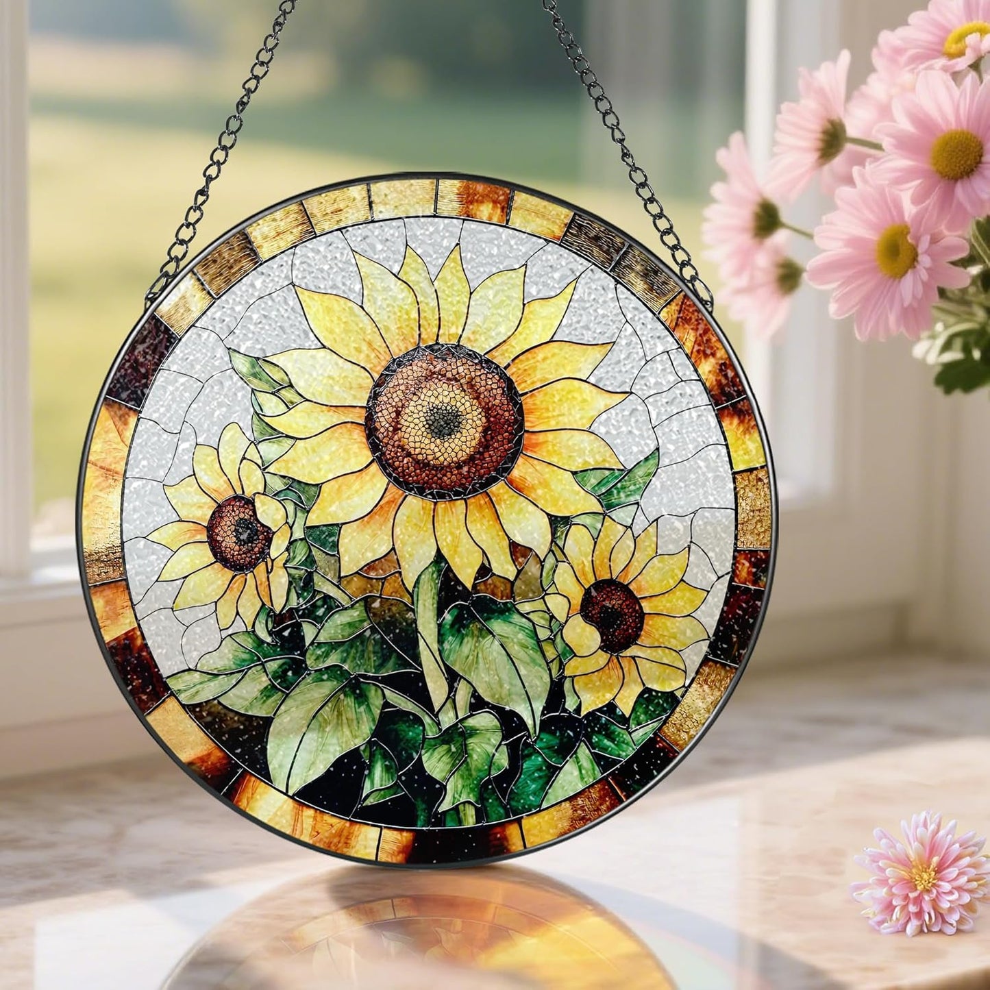 Sunflower Stained Glass Suncatcher, Stained Glass Window Hanging, 8 Inch Sunflower Suncatcher, Sunflower Glass Window Decor, Christmas, Mother's Day, Birthday, Gifts for Mom, Grandma Gift