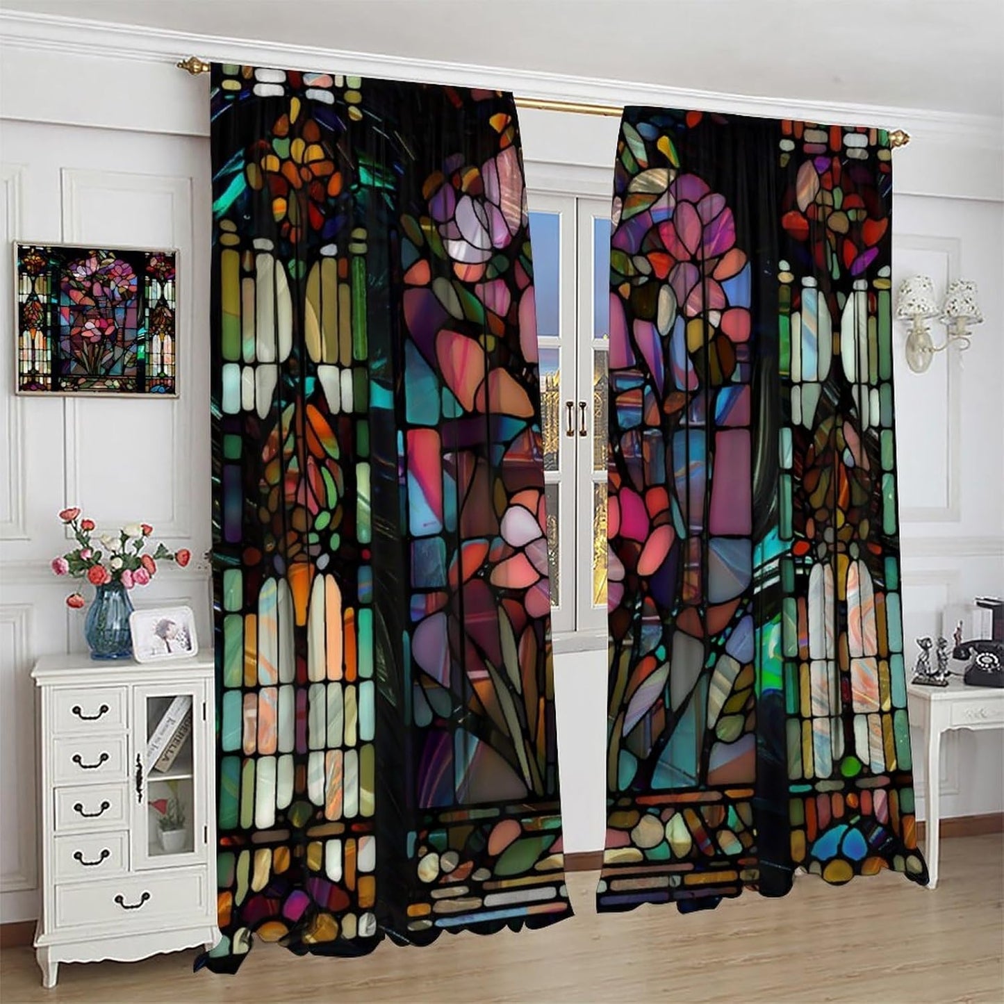 Stained Glass Curtains,Vintage Colorful Abstract Art Home Decor Drapes for Bedroom Living Room Kitchen Window Treatment 2 Panels Set Total Size 42" W X 54" L Inch