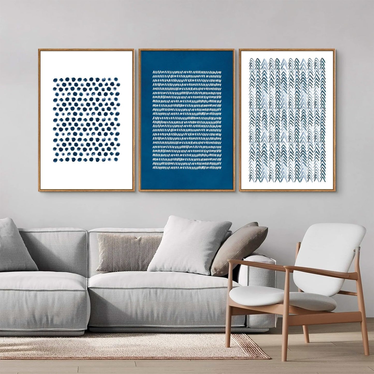 Tinonedraw Navy Blue and White Framed Canvas Wall Art Set, Minimalist Geometric Wall Decor, Neutral Abstract Artwork, Cozy Contemporary Art Prints for Bedroom Living Room Office Above Bed 24"x36"x3