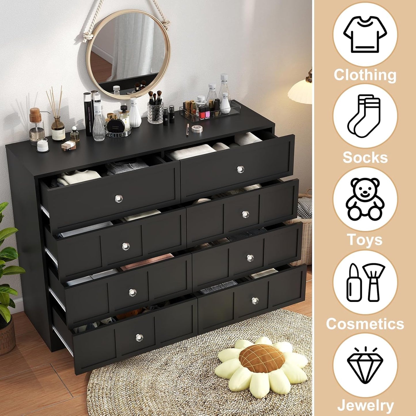 Wood Dresser for Bedroom 8 Drawer: 47" Black Chest of Drawers Wood, Modern Fluted Cabinet with Sturdy Storage, Wide Aesthetic Furniture for Room Organization