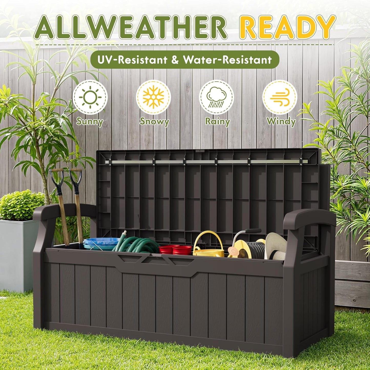 Greesum 80 Gallon Storage Bench Outdoor Deck Box with Armrest, Patio Furniture,Lockable, Waterproof and UV Resistant, Suitable for Garden, Pool, Brown