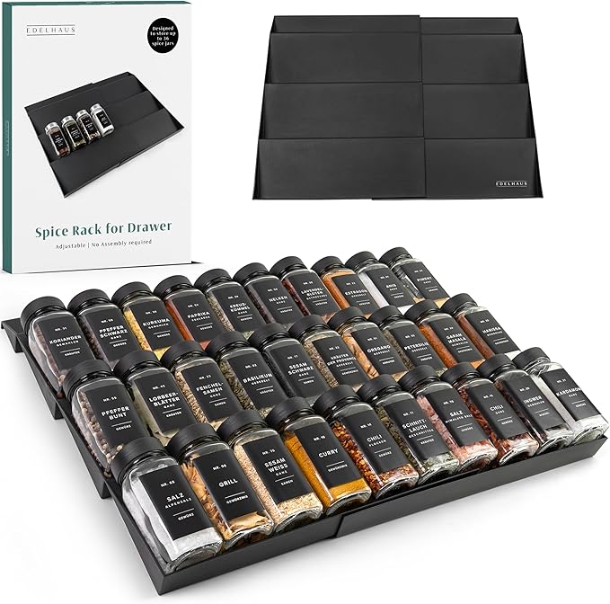 Spice Drawer Organizer - Expandable Spice Rack for Drawer, Black Seasoning Organizer for Drawer Spice Organizer, Spice Organization Seasoning rack insert for Cabinet (Jars Not Included)