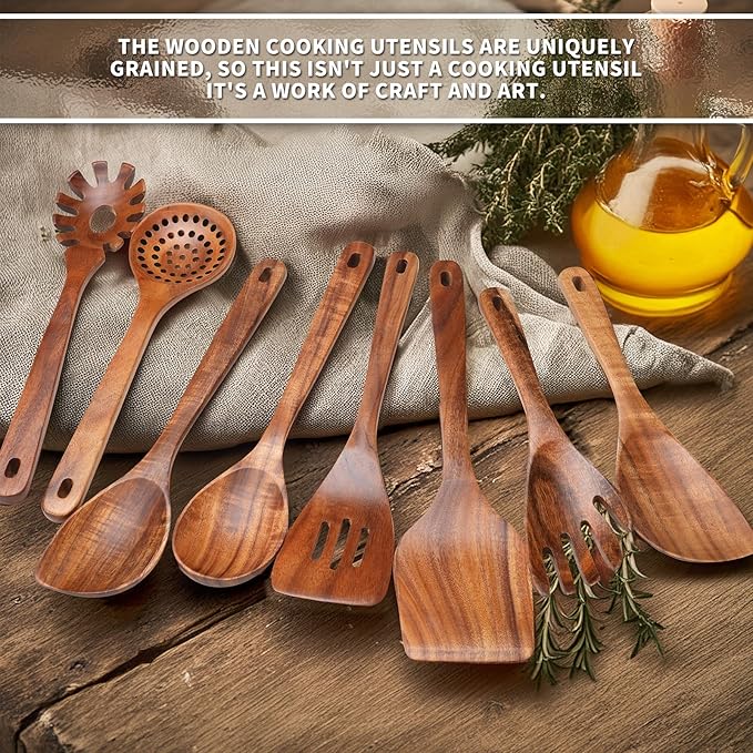 9 PCS Kitchen Utensils Set - Wooden Spoons for Cooking, Natural Teak Wooden Utensils - Includes Wooden Spoons, Spatula Set, Slotted Spoon - Handmade Wooden Spoon Set