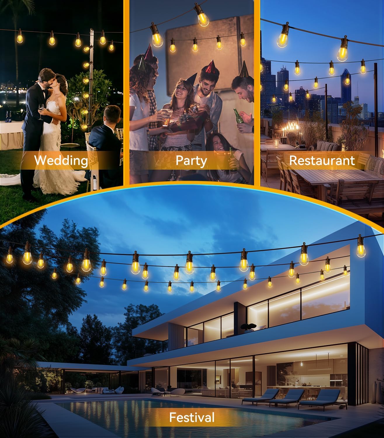 Outdoor String Lights Patio LED Light Outside - 60M IP65 Waterproof 58+2 S14 LED 200ft Porch Lighting