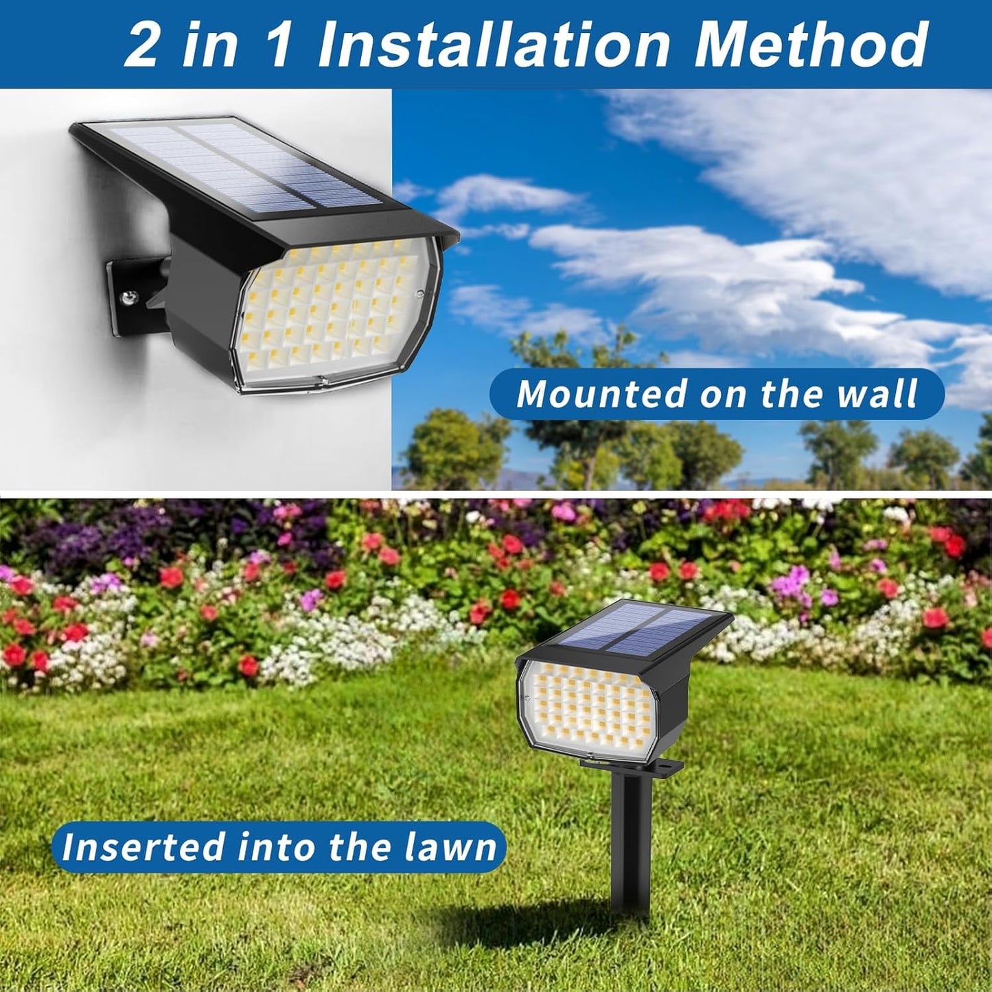 Solar Spot Lights Outdoor Waterproof IP65, 12 Pack Landscape Spotlights with 46 LEDs, 3 Modes Auto On/Off Solar Powered Flood Lights for Outside Pathway, Yard, Garden, Walkway (Warm White)