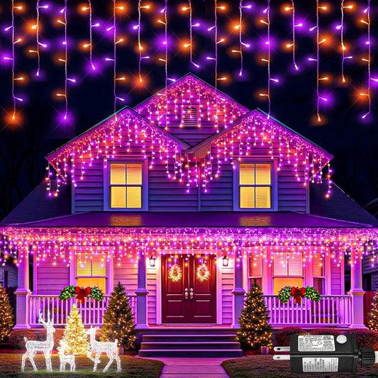 66ft Halloween Lights Outdoor, Orange and Purple Icicle Lights for Outside Indoor, 640 LED Twinkle String Lights with 120 Drops Clear Wire Short Curtain Light for House Party Tree Holiday Yard Decor