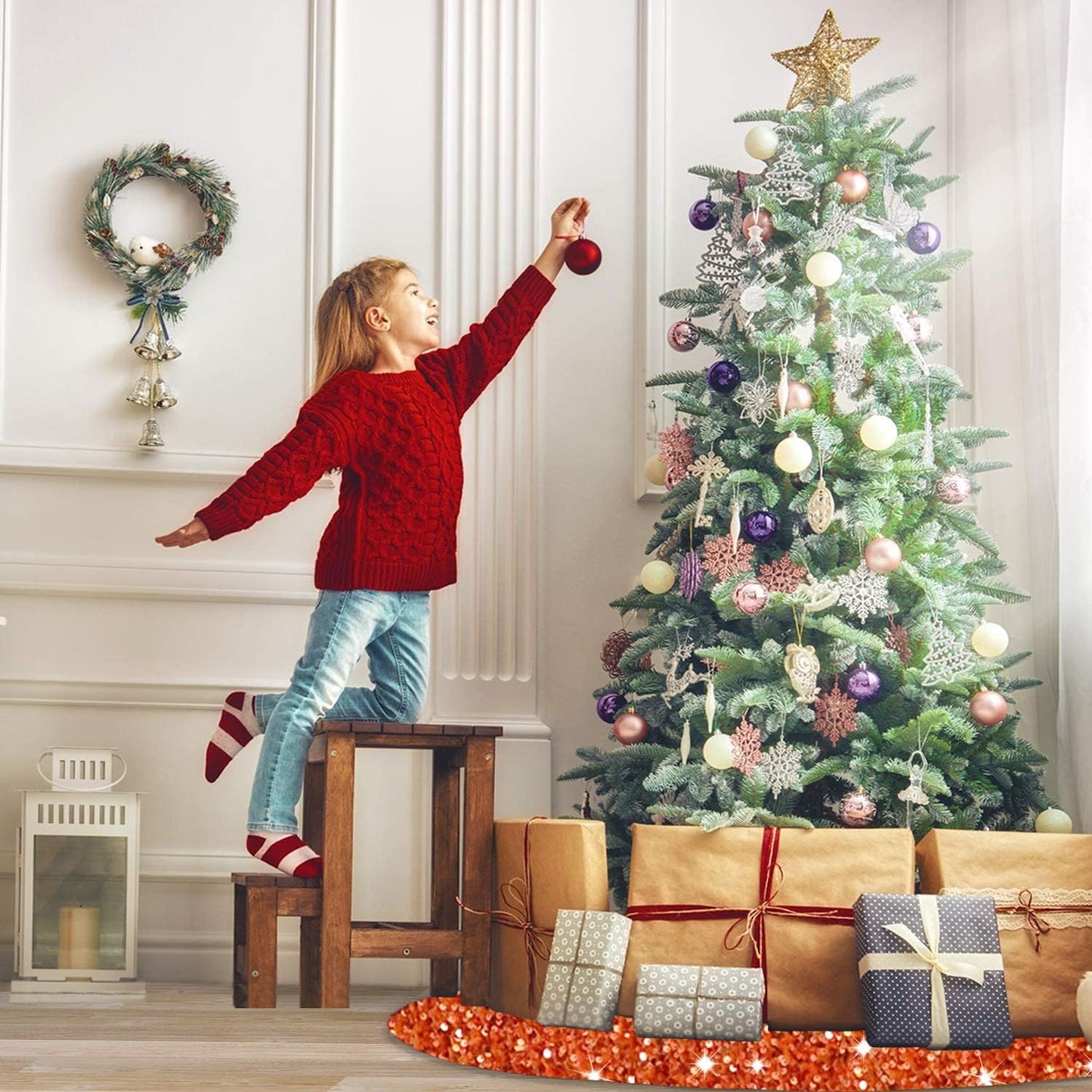 Orange Christmas Tree Skirt 21 Inch Sequined Xmas Tree Mats High-end Small Halloween Tree Skirt Velvet Fabric Christmas Tree Carpet Glitter Christmas Tree Skirt for Halloween Xmas New Year Party Decor