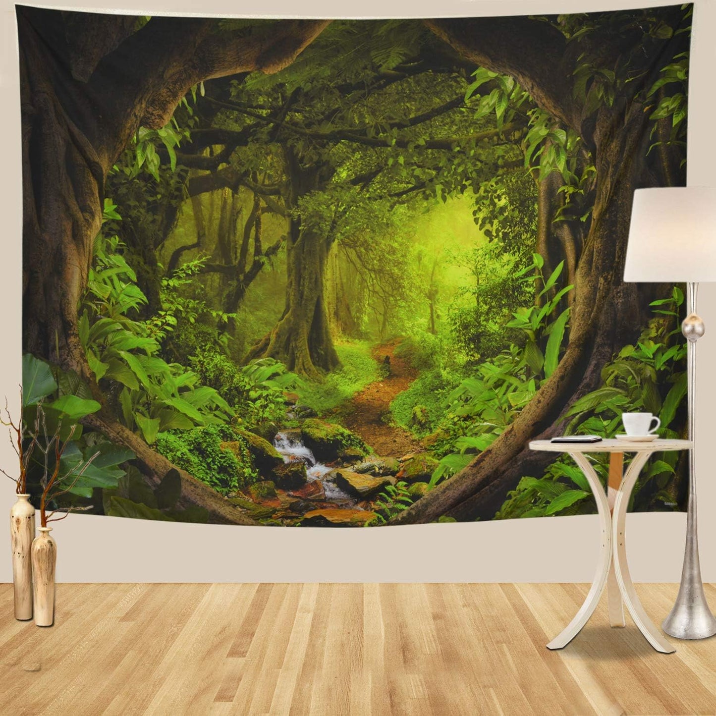 Tushelia Forest Tapestry Psychedelic Tree Cave Tapestries Fantasy Nature Landscape Backdrop Tapestries Stream Through Rainforest Jungle Tapestry Wall Haning for Bedroom Decor