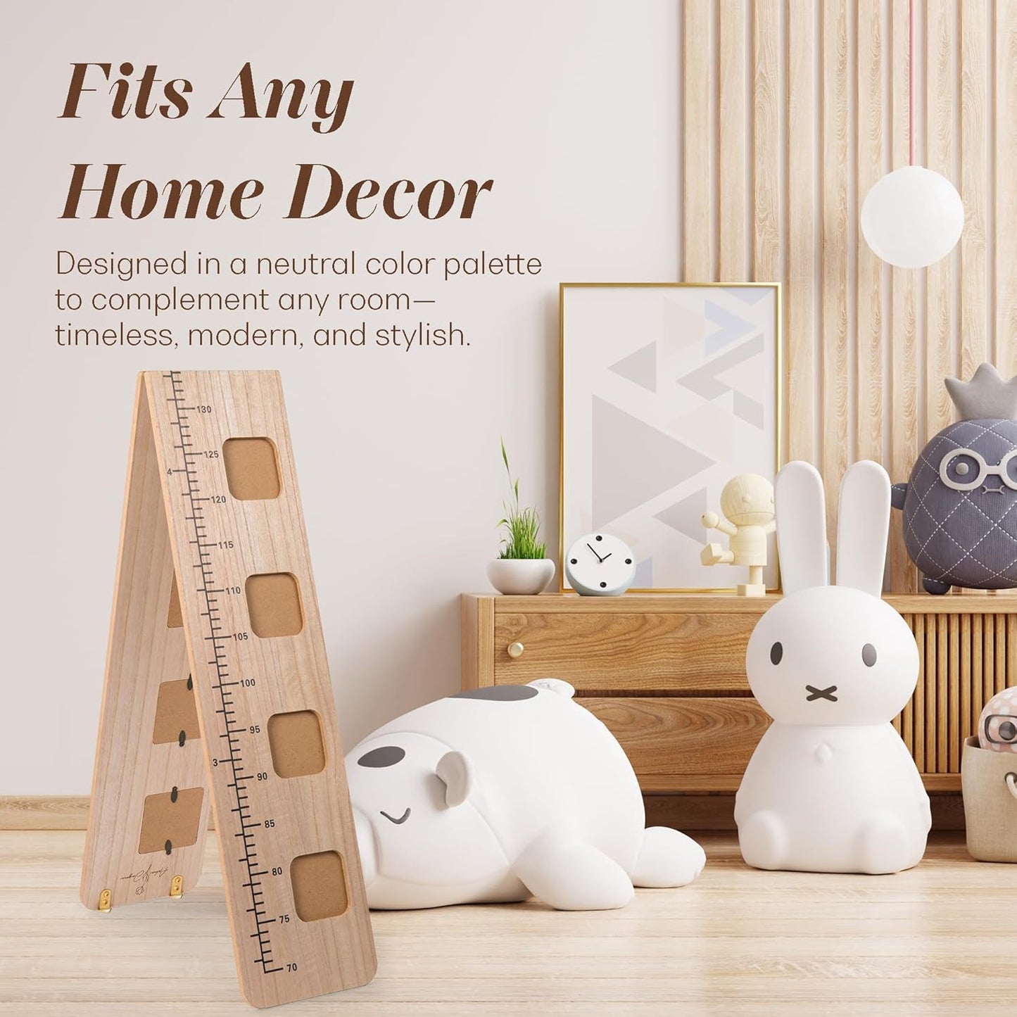 Wooden Growth Chart for Wall - Foldable Height Chart for Kids with Picture Slots - Milestone Tracker Measuring Board with Mounting Hooks - Easy Installation, Smooth Finish, Neutral Color