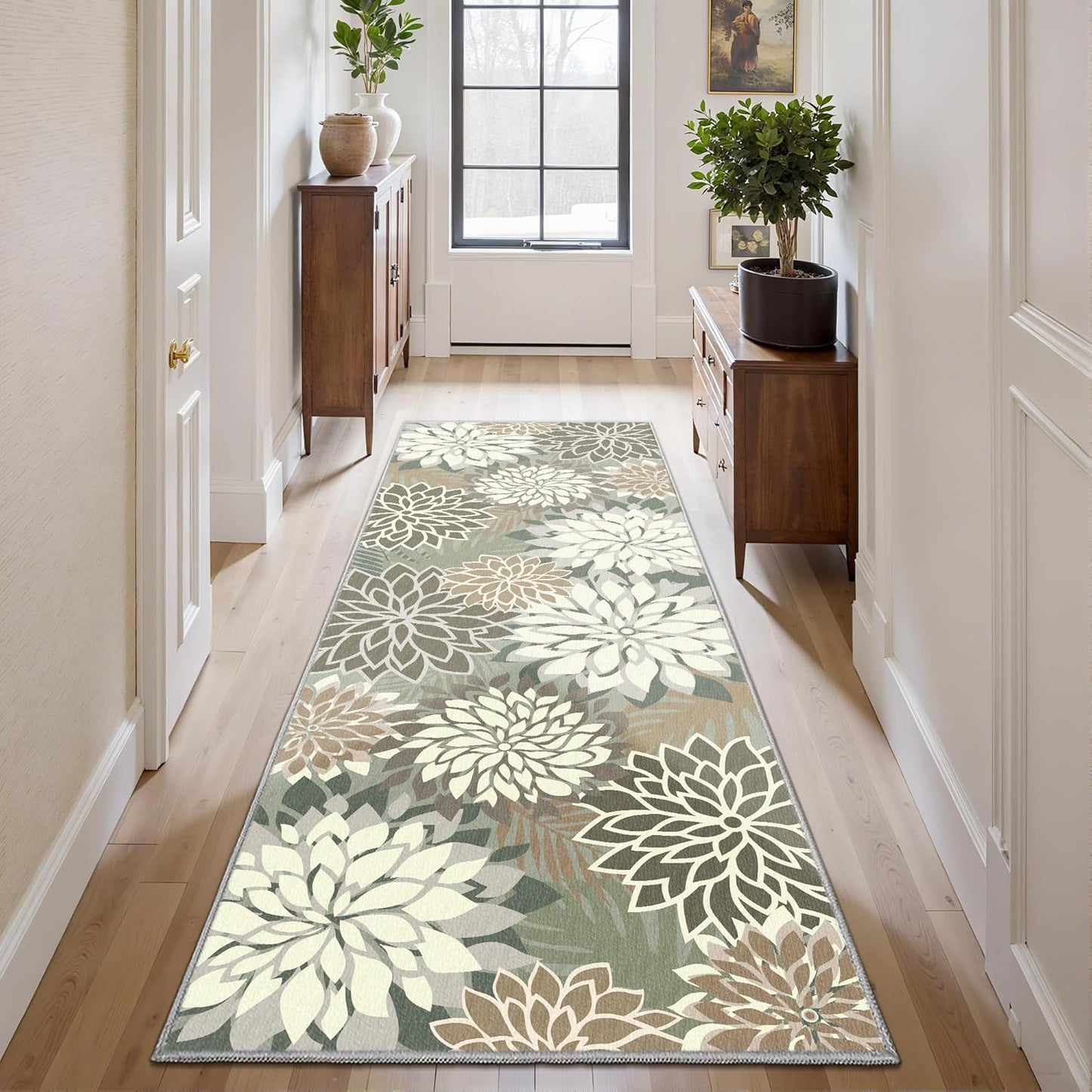 Area Rug 2x6 Brown White Washable Entry Rug Multicolored Tropical Botanical Modern Floral Indoor Kitchen Door Mat Entrance Carpet Non Slip for Bedroom Living Room, Porch