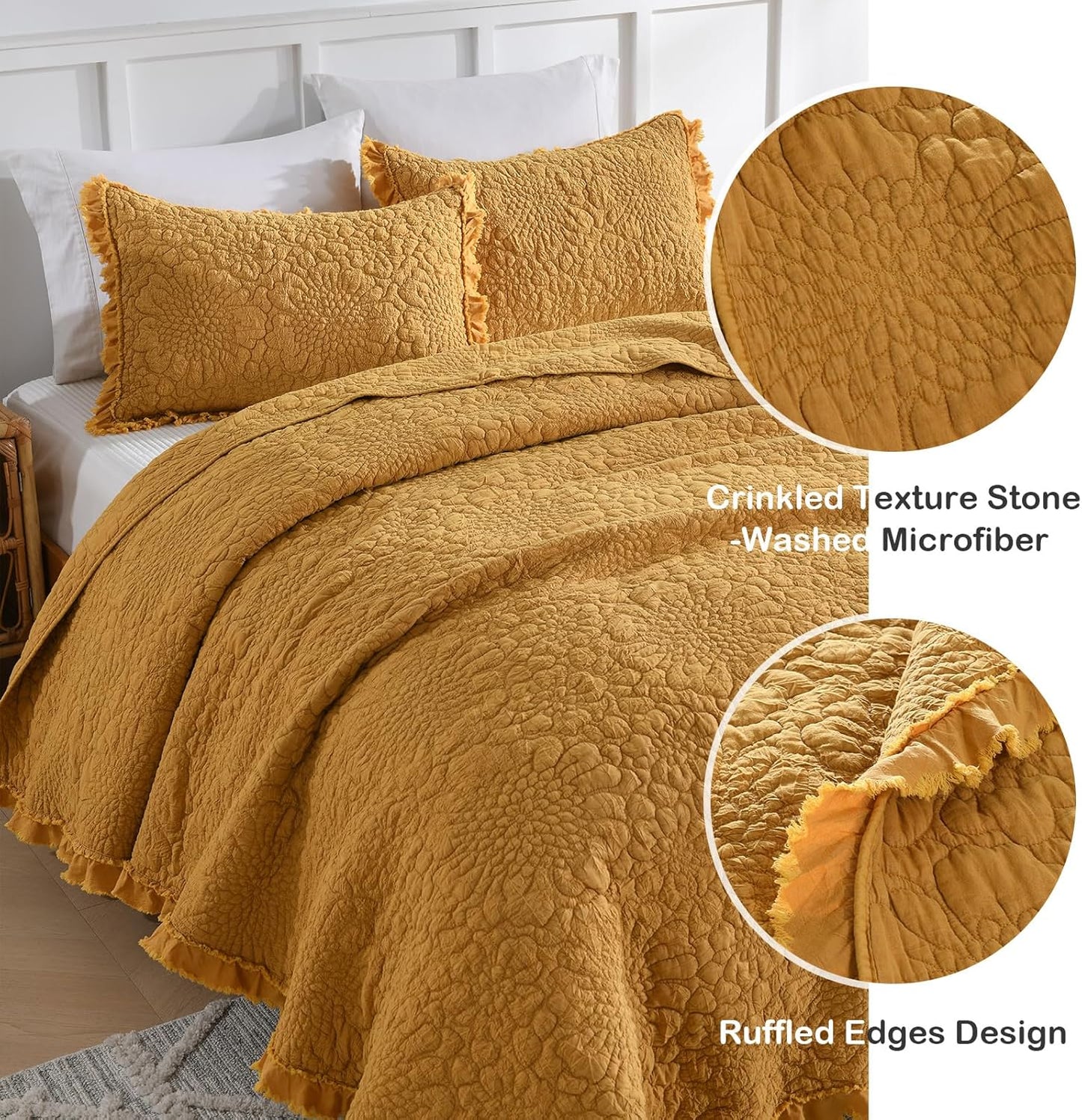 HORIMOTE HOME Yellow Ruffled Quilt King Size, Stone-Washed Microfiber Lightweight Crinkled Farmhouse Rustic Shabby Chic Bedding Set, 3 Pieces Reversible Bedspread with Pillow Shams for All Season