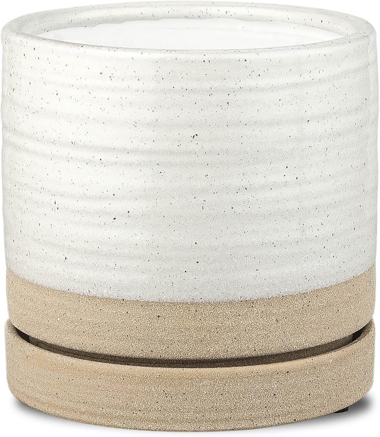 6 Inch Plant Pots, Ceramic Planter Pot with Drainage Hole & Saucer, Indoor/Outdoor Cylinder Round Planter Pot, White & Beige Glaze