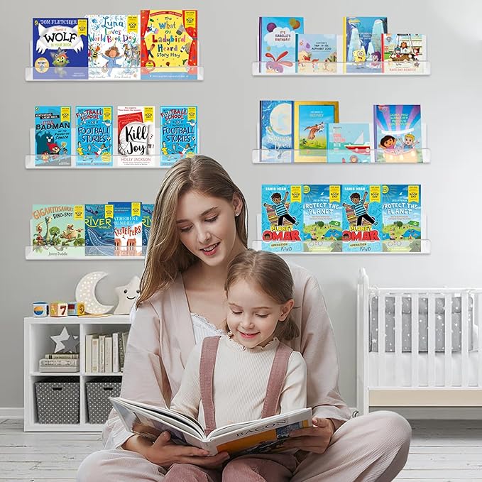 6 Pack Clear Acrylic Floating Shelves for Wall, 15'' Plastic Wall Mounted Display Shelf Kids Bookshelf and Spice Organizer for Bedroom, Living Room, Kitchen, Bathroom, Office