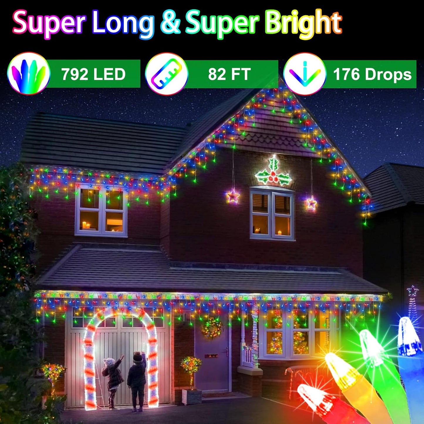 792 LED Christma Lights with 176 Drops, 82ft Outdoor Hanging lights with 8 Modes & Timer Memory, Outsite Waterproof Curtain String Lights for Front House Fence Tree Holiday Decorations Multicolor