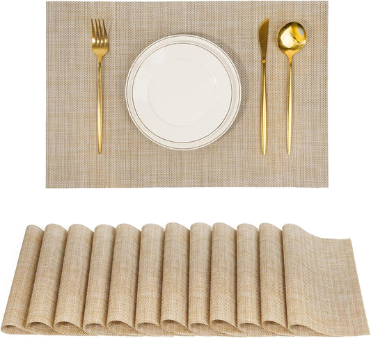 Placemats Set of 12，Non-Slip PVC Weave Table Mats Easy to Clean，Heat Resistant Place Mats for Kitchen Dining Table Decoration Indoor Outdoor，Beige