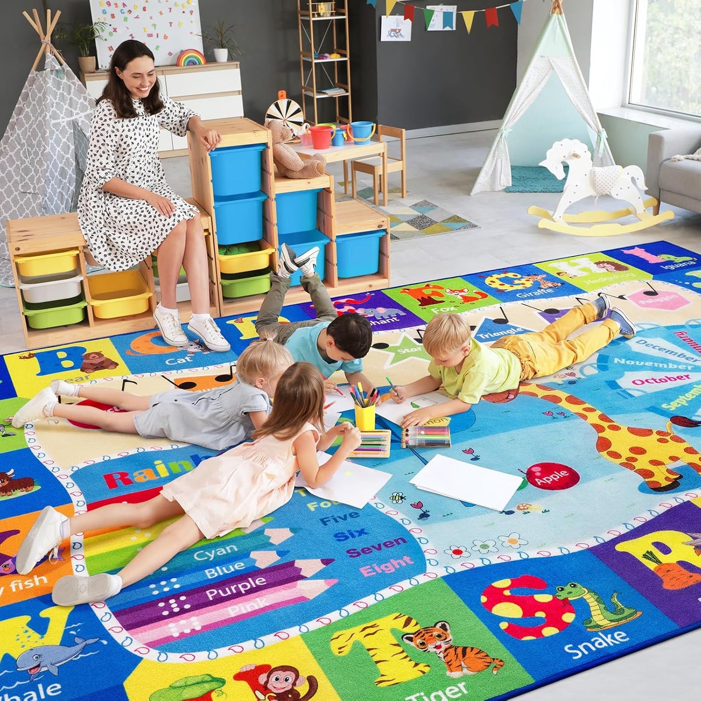 Kids Rugs for Playroom Bedroom Classroom Nursery, Non-Slip and Washable Rugs for Children Toddlers Girls, Educational and Fun Rug Carpets with ABC Alphabet Animals Shapes, 7x10, Blue