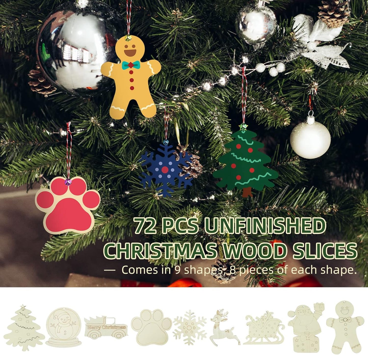 Wooden Christmas Ornaments, 176 PCS Unfinished Predrilled Wood Ornaments Set with 72 Blank Wood Slices in 9 Styles, 90 Bells and 12 Color Pens for Kids DIY Crafts and Christmas Hanging Decoration, B