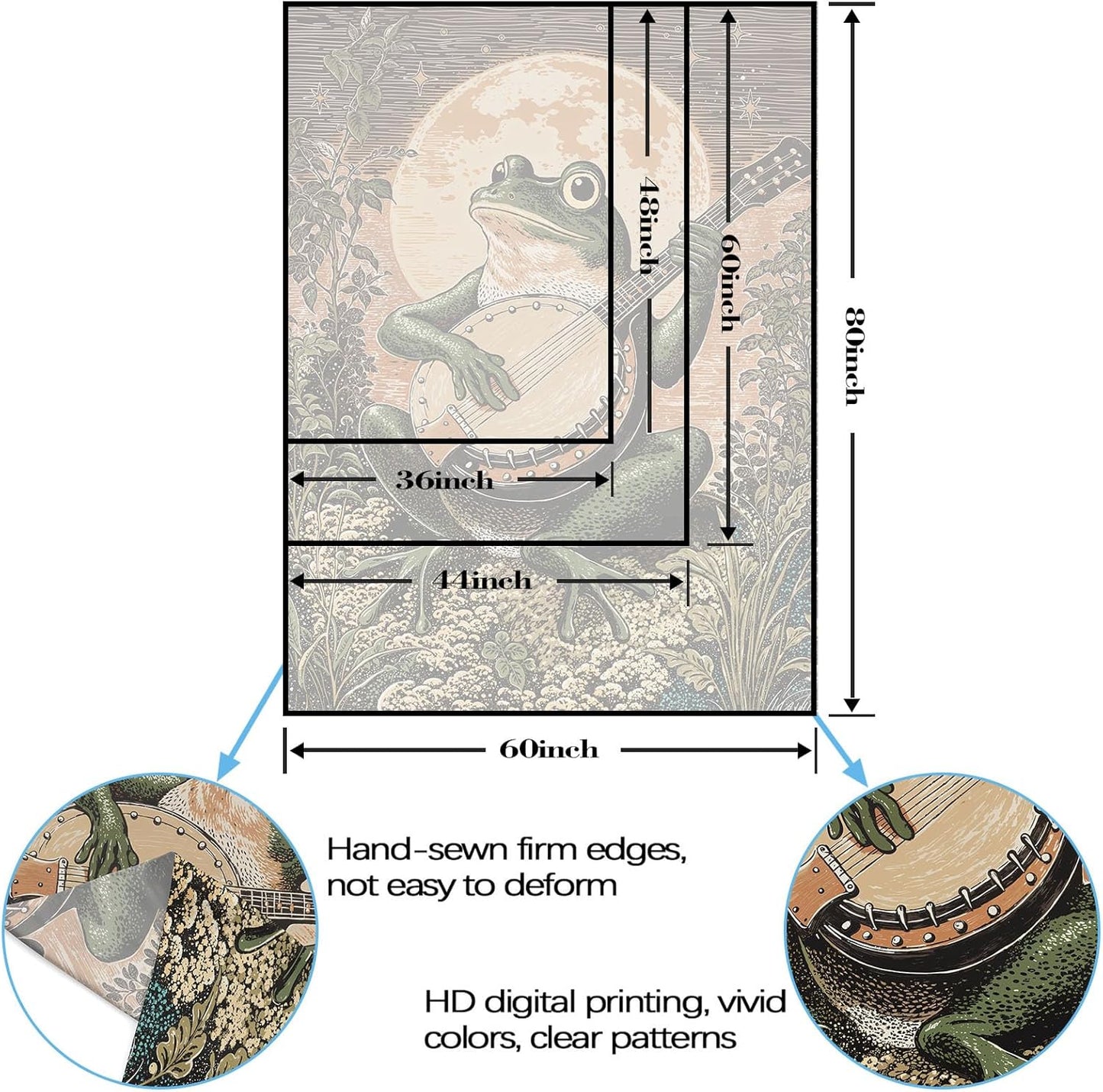 Lunerfex Moonlit Banjo Frog Wall Tapestry, Whimsical Amphibian Musician Tapestries for Room Decor, Folk Art Tapestry 60L x 80W