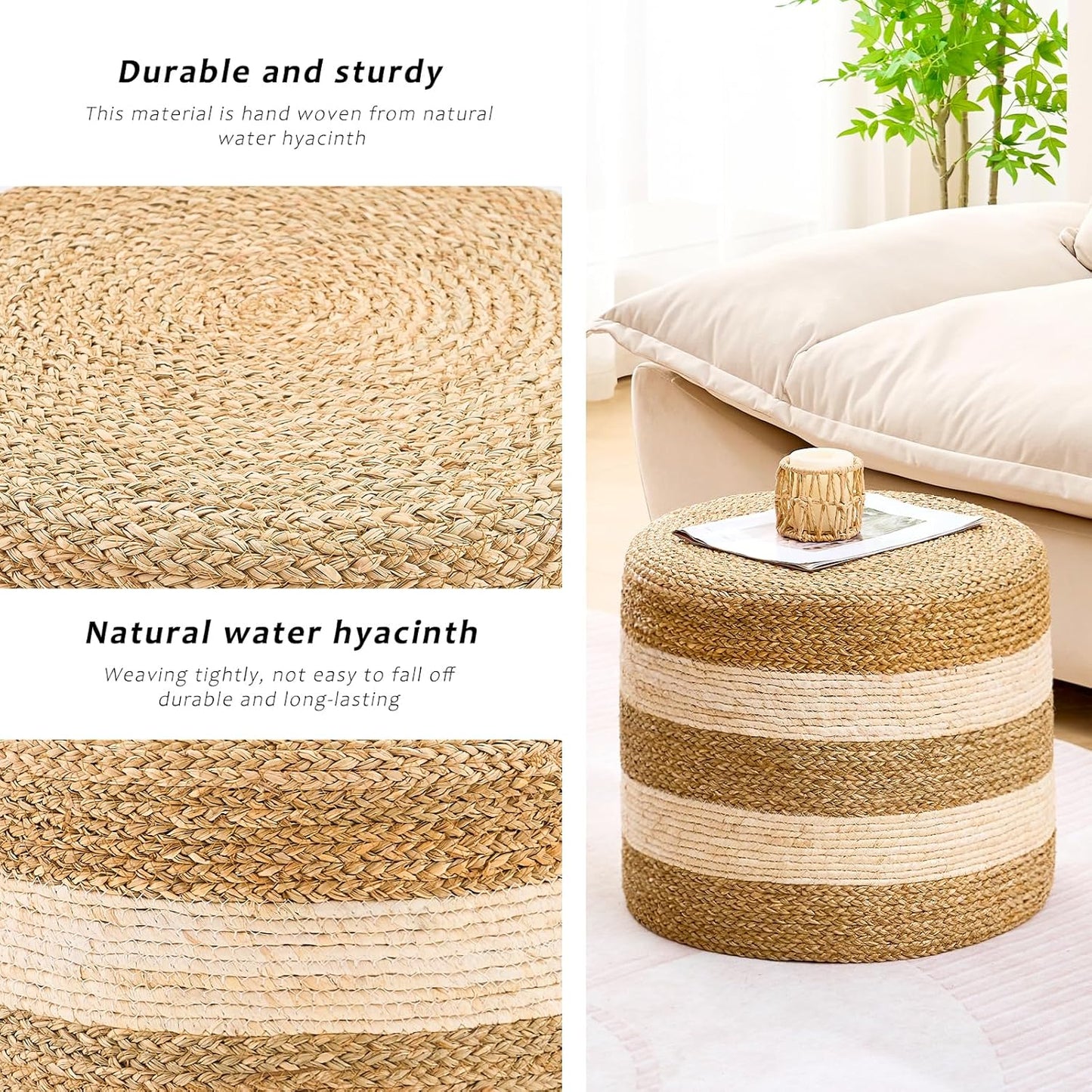Handwoven Ottoman Pouf, Natural Seagrass Footstool, Round Braided Outdoor Seat with Sturdy Frame, Boho Accent Stool for Patio, Balcony, or Garden (Seagrass White)