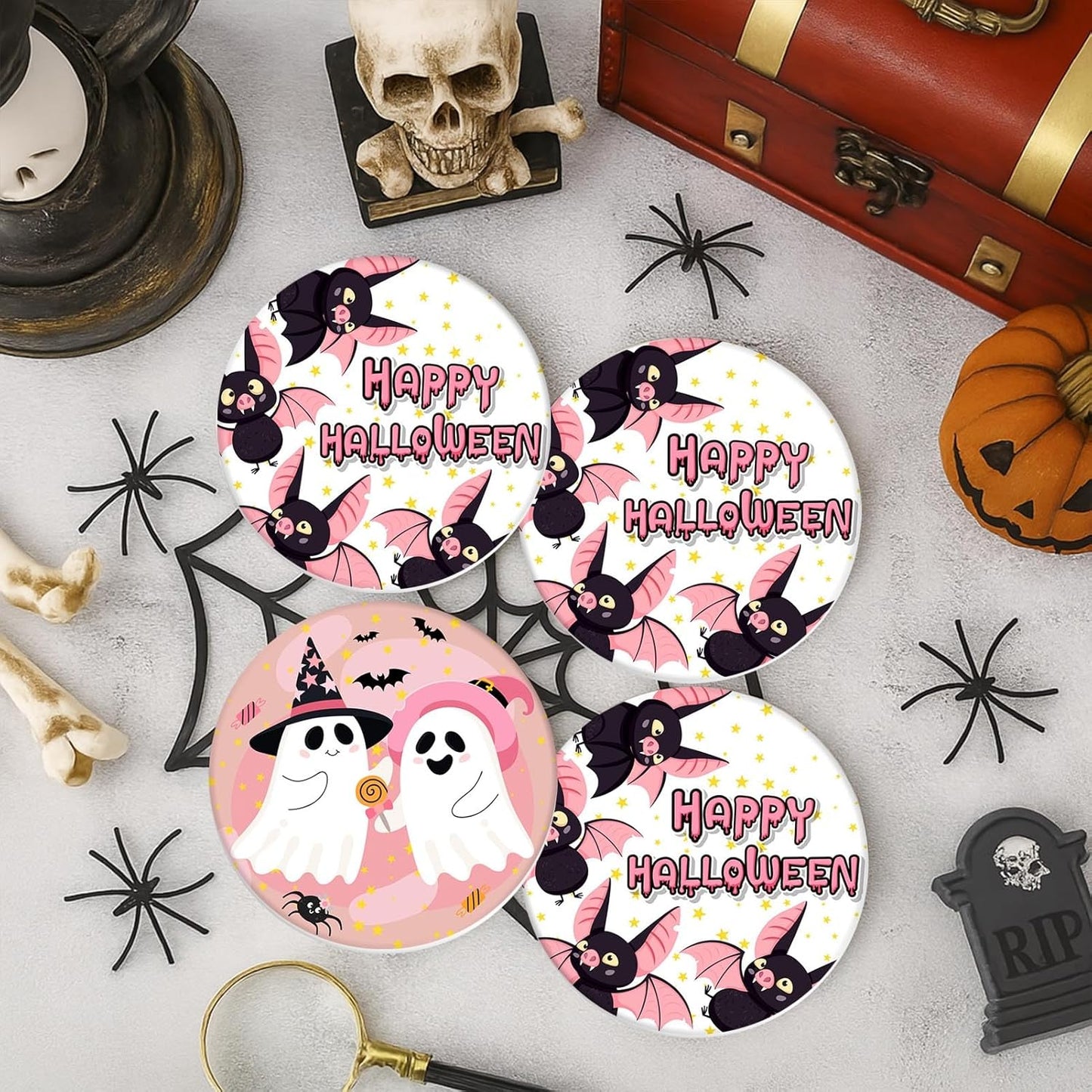 Coaster for Drinks Set of 6, Happy Halloween Cute Ghost Groovy Pink Absorbent Round Ceramic Stone Mat, with Cork Base and Metal Holder, Gift for Housewarming Room Bar Decor