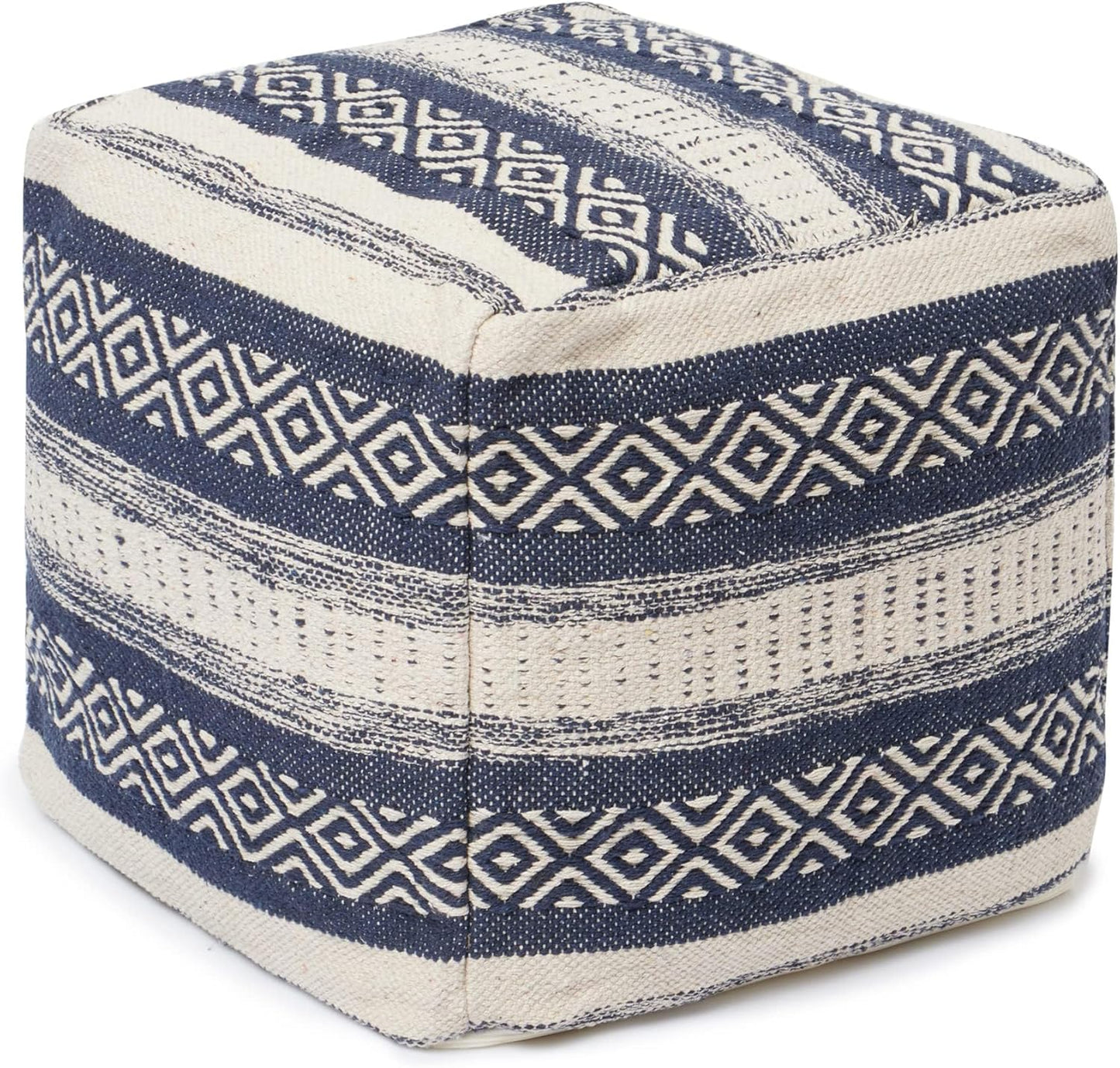 REDEARTH · Tufted Pouf Ottoman with Filler Textured Storage Cube Bean Bag Pouffe Footrest for Living Room, Bedroom, Nursery, Home Decor; 100% Cotton (17.5"X17.5"X17.5", Indigo Impressions)