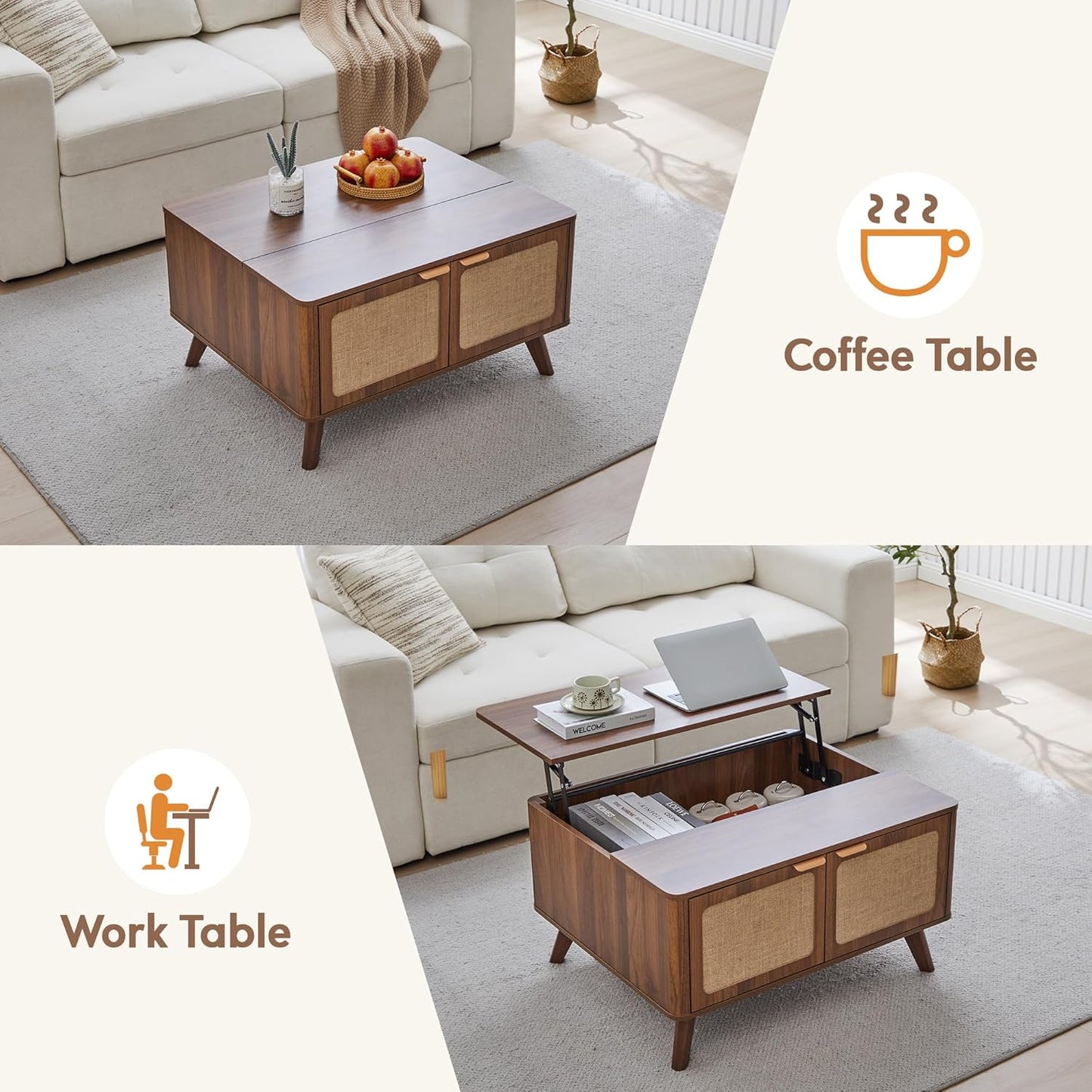 AVZEAR Lift Top Coffee Table with Storage, Mid Century Modern Coffee Table with Nature Linen Doors & Large Hidden Storage, Rounded Corners Center Table Farmhouse Coffee Tables for Living Room, Walnut