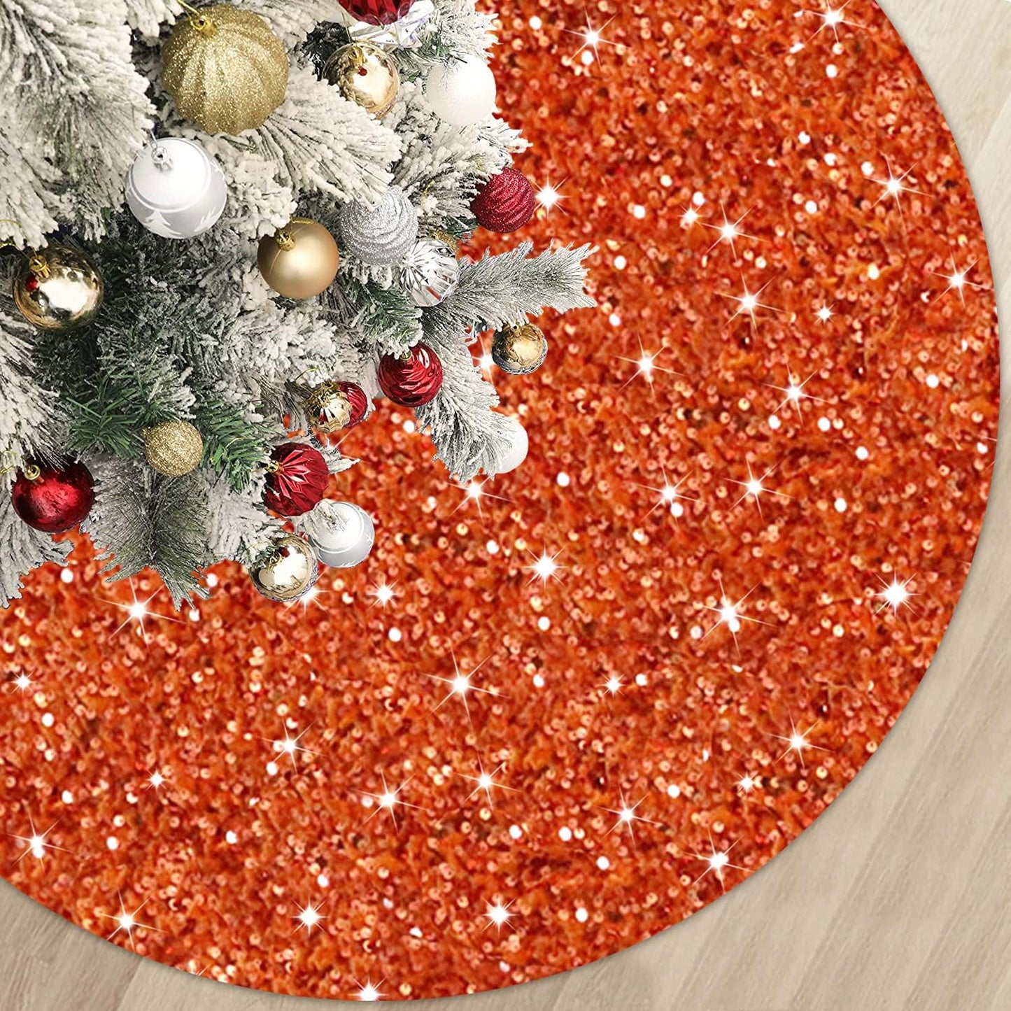 MODFUNS Orange Christmas Tree Skirt 60 Inch Sequin Xmas Tree Skirts Velvet Tree Mat Sparkly Fall Tree Skirt Burnt Orange Round Thanksgiving Tree Base Cover for Artificial Trees Christmas Day Ornaments